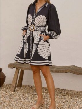 Black & White Printed Belted Mini Dress with Statement Shell Motif
